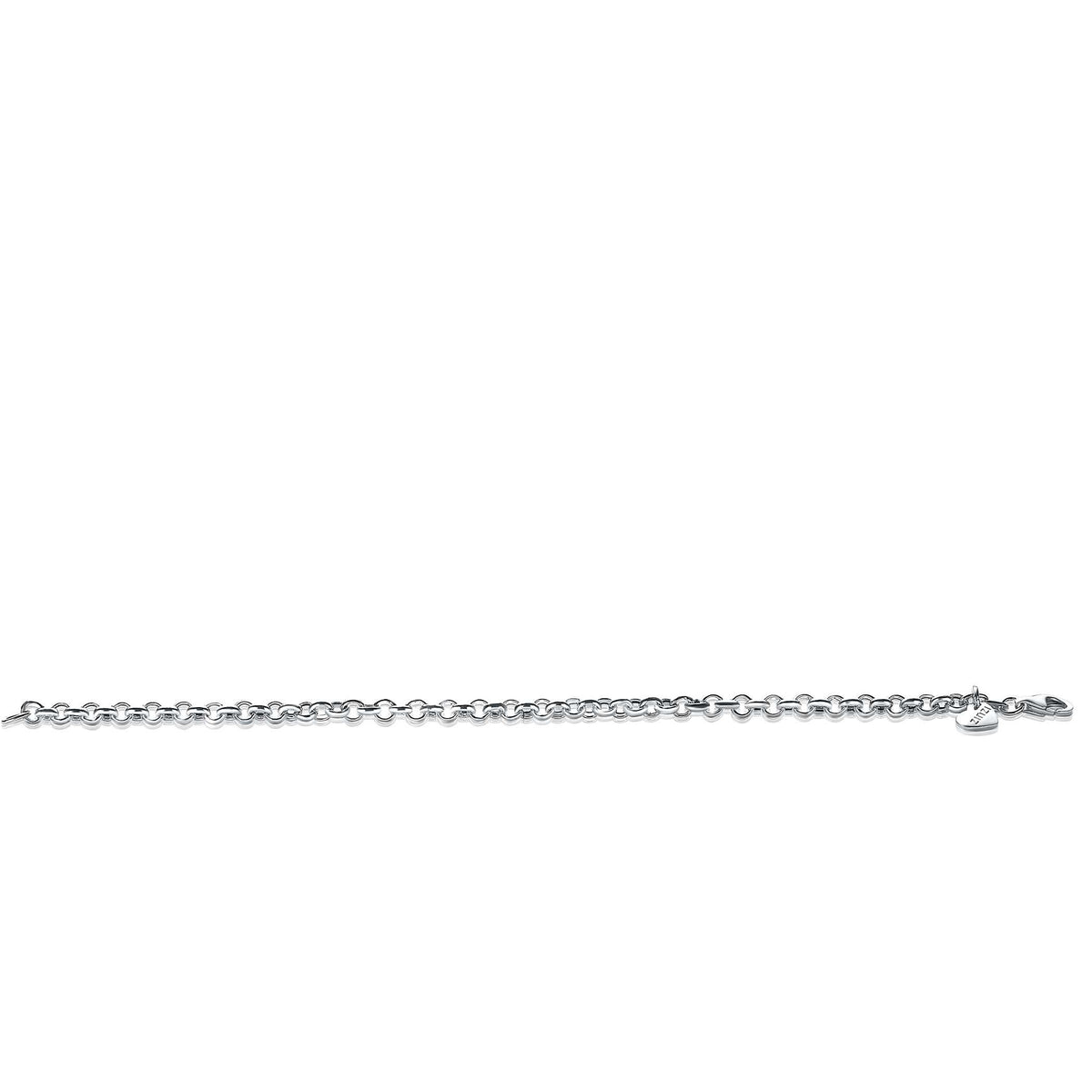 De Zinzi Armband Zilver Zia1911 heeft een delicaat ontwerp met een dunne zilveren ketting, met kleine, gelijkmatig verdeelde schakels en een karabijnsluiting, die elegant wordt gepresenteerd tegen een onberispelijk witte achtergrond.