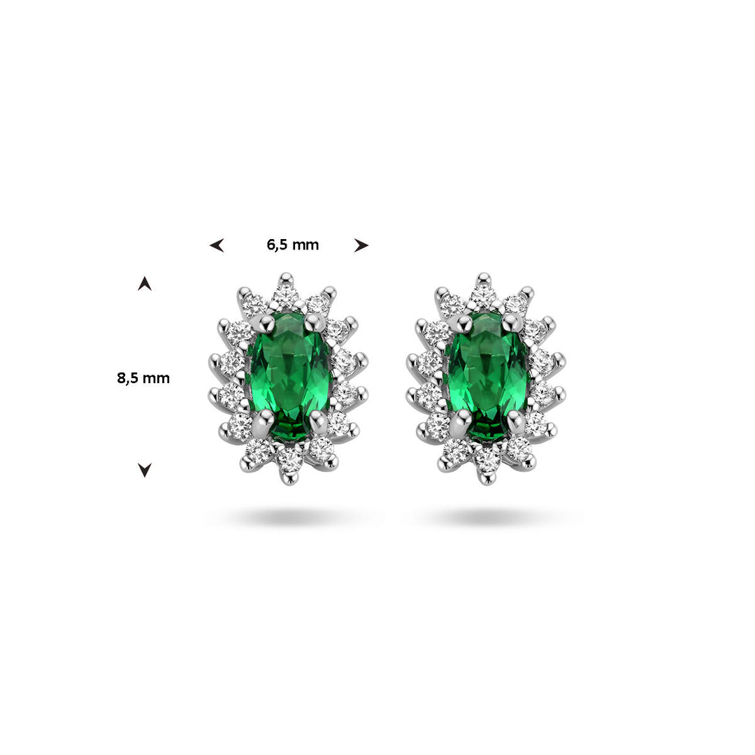 ear studs synth. emerald and zirconia halo silver rhodium plated