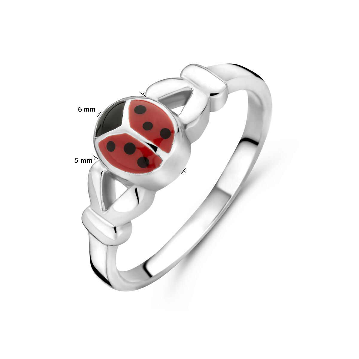 De Van der Kooij Collectie ring lieveheersbeestje zilver wit heeft een 6x5 mm wit en zilveren lieveheersbeestje ontwerp op een zilveren band met knoopdetails, fijn bewerkt met emaille voor een charmante afwerking.