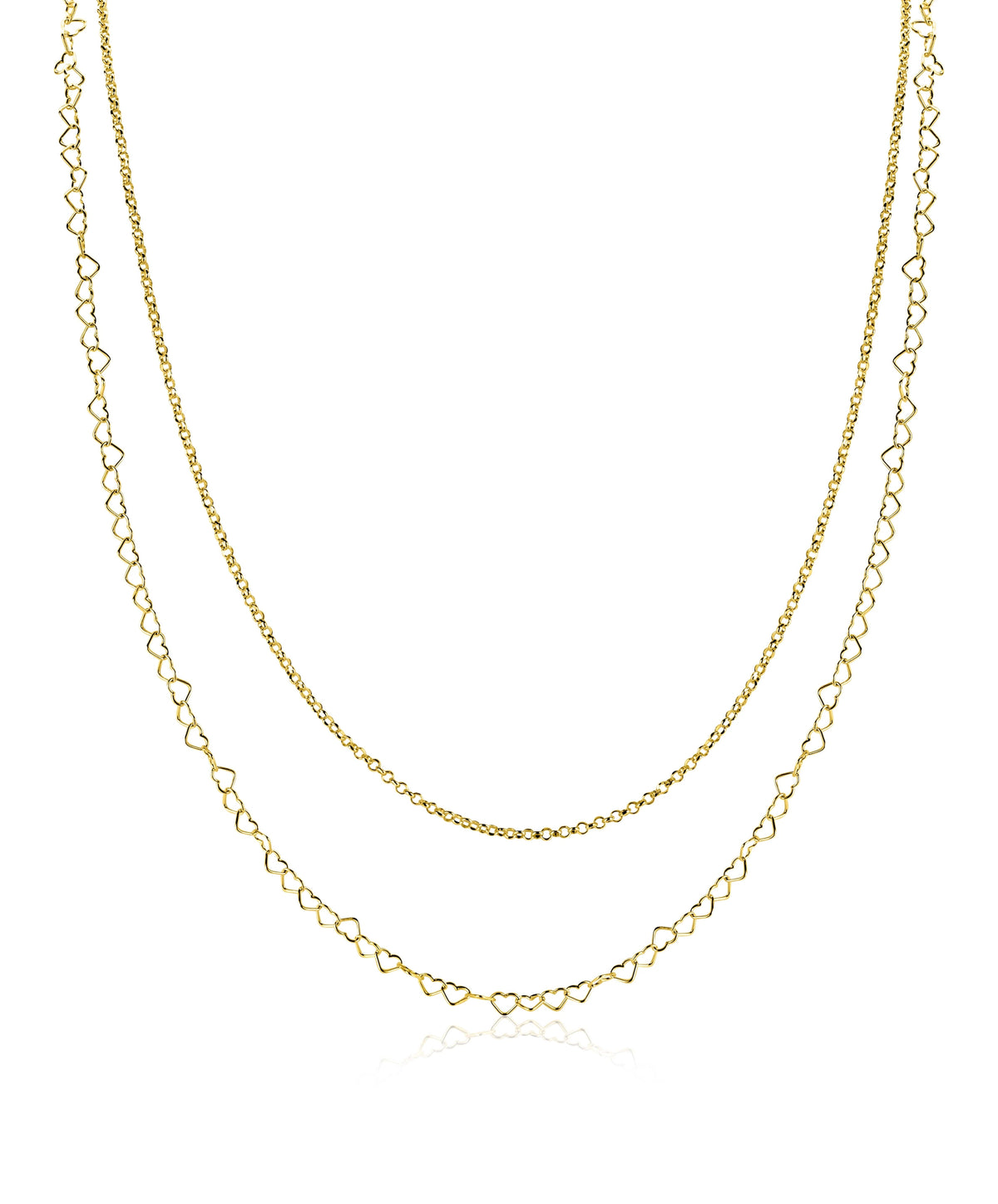 Dubbele schakelketting van goudplated zilver met hartvormige schakels, verstelbaar van 40 tot 45 cm.
