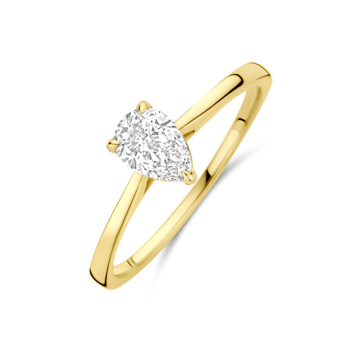 De Van der Kooij Collectie ring lab grown diamant 0.50ct H SI in 14K geelgoud is een damesring met een peervormige solitaire, elegant gezet op een simpele band en getoond tegen een witte achtergrond.