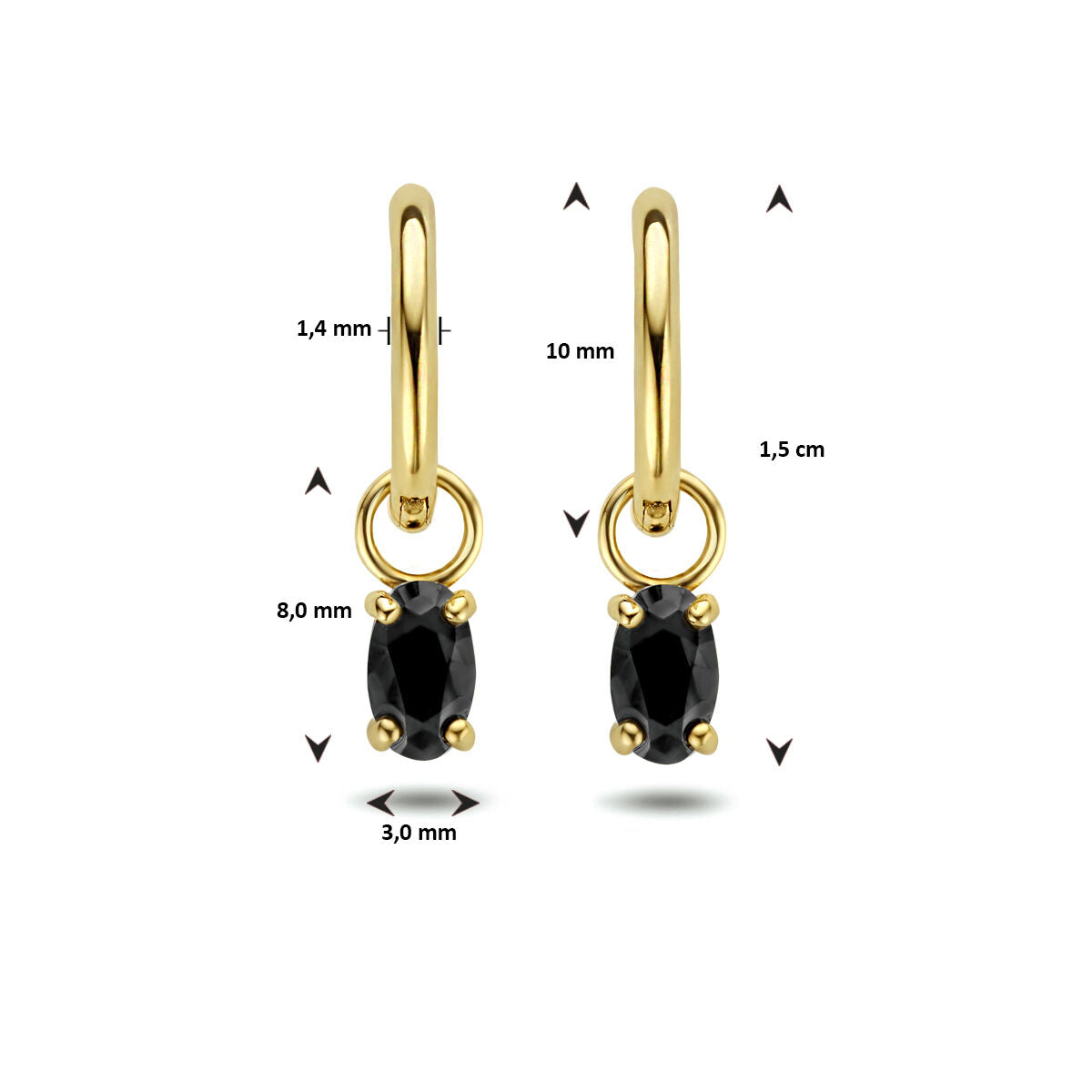 klapoorringen zwart zirkonia 14K geelgoud