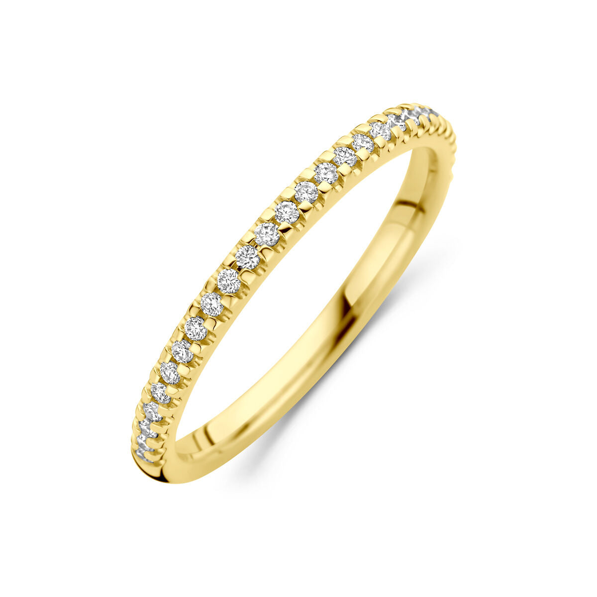 Ring van 14K geelgoud met een rij lab grown diamanten van 0.15ct, met een fijne, glanzende afwerking.
