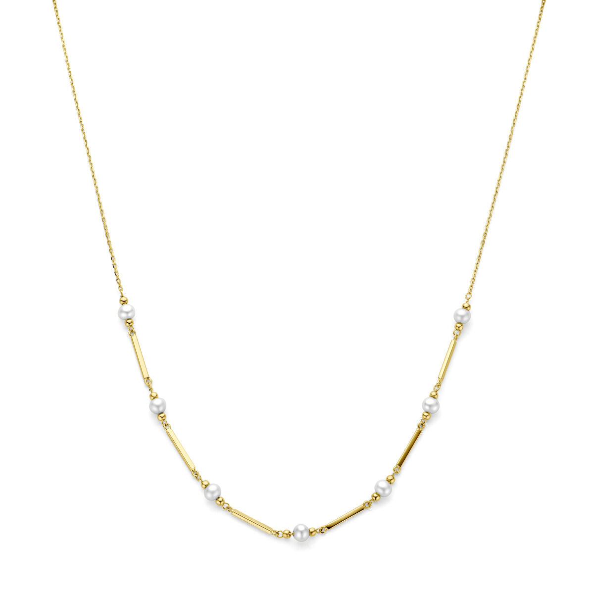 Collier van 14K geelgoud met parels en glanzende details, lengte 42 + 3 cm.