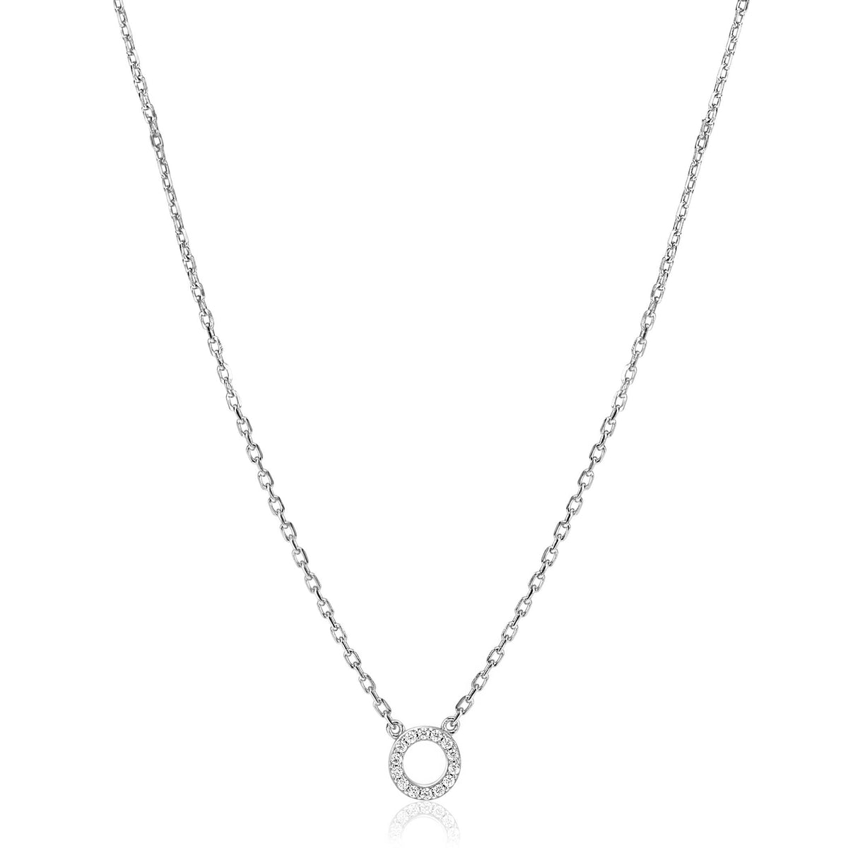 Zilveren ketting met een ronde hanger bezet met kleine steentjes.
