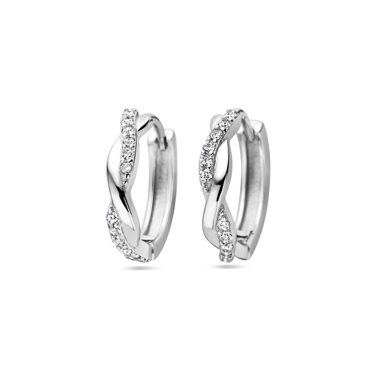 Klapoorringen van gerhodineerd zilver met zirkonia, met een golvende vorm en sprankelende details.