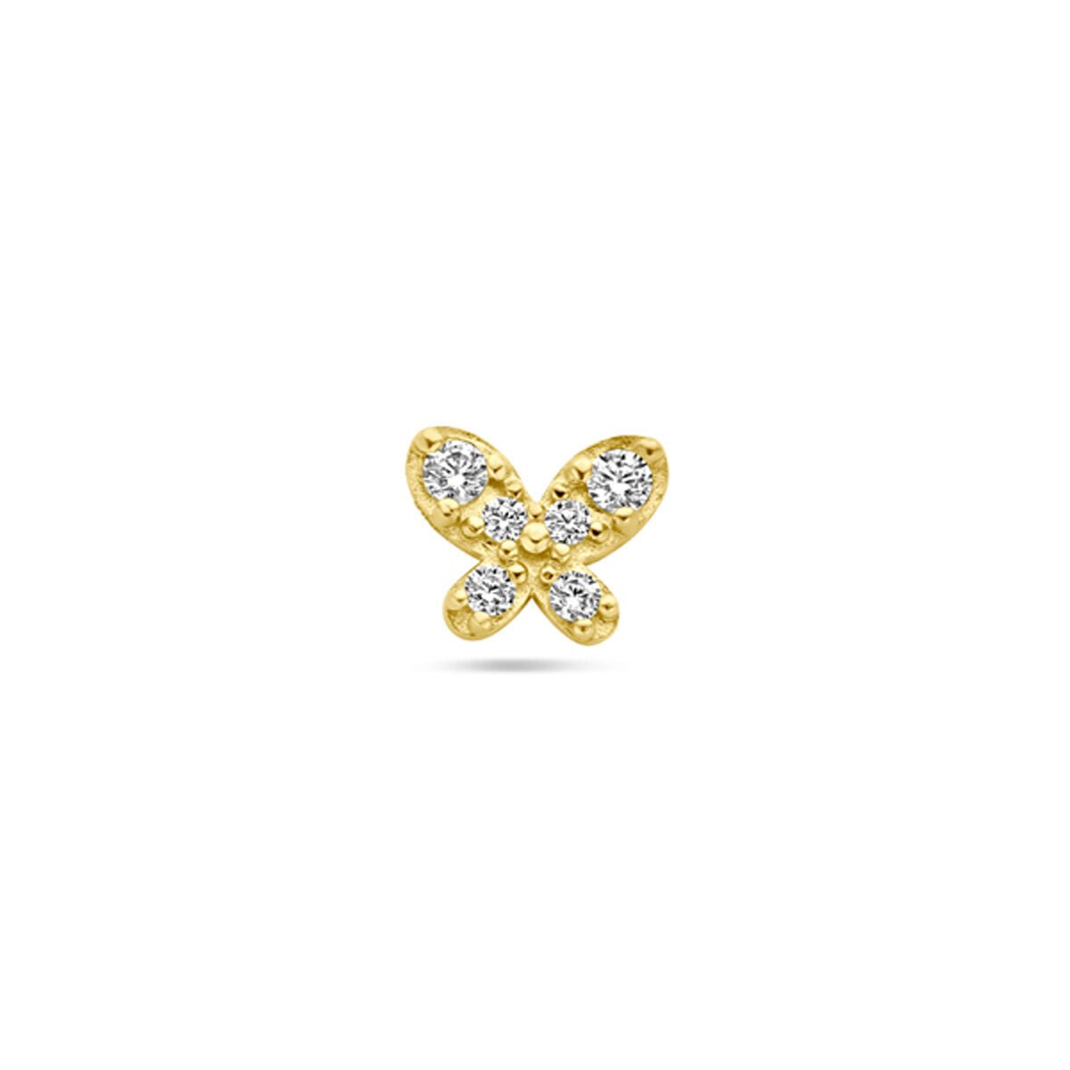 Flat back piercing in de vorm van een vlinder, gemaakt van 14K geelgoud met zirkonia steentjes.