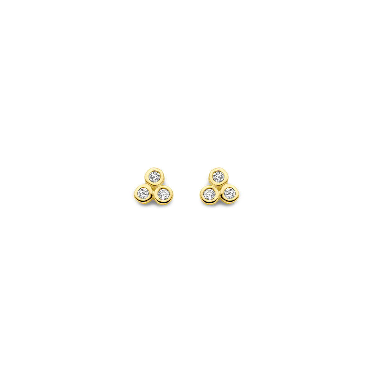 Oorknoppen van 14K geelgoud met drie zirkonia steentjes van 3 mm.