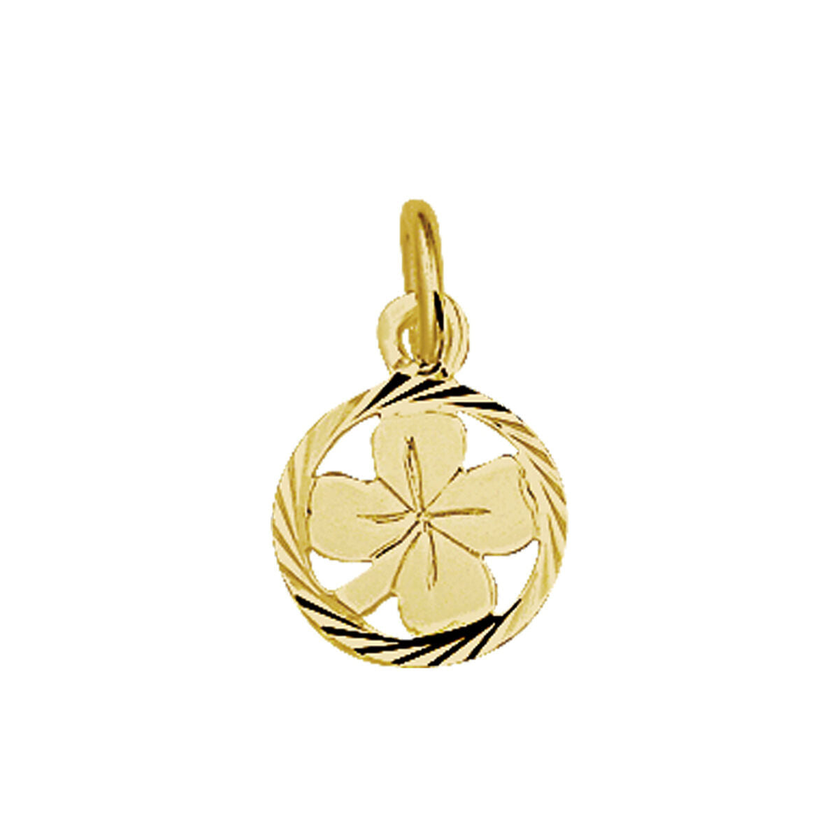 Deze hanger klaver gediamanteerd uit de Van der Kooij Collectie is uitgevoerd in 14K geelgoud, met een ronde lijst, decoratieve rand en klein oogje om aan een ketting te hangen.
