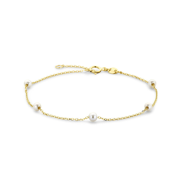 De armband parels 16,5 - 18,5 cm van Van der Kooij Collectie is een verfijnde 14K geelgouden armband met witte zoetwaterparels en karabijnsluiting. Perfect voor liefhebbers van dames sieraden.