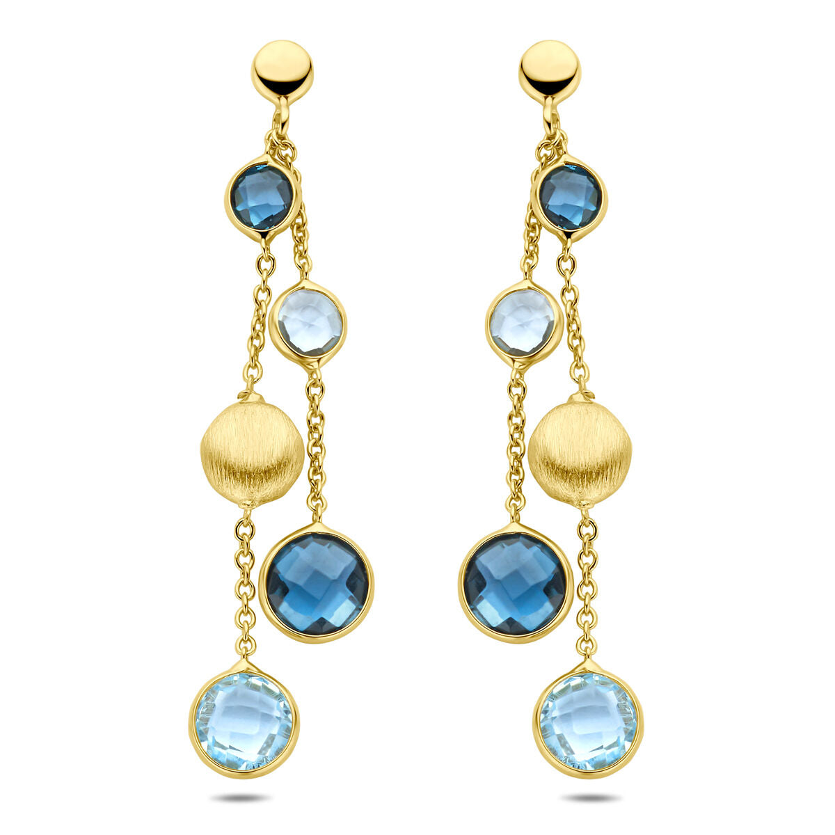 Oorhangers van 14K geelgoud met rondjes van sky blue topaas en london blue topaas, 44 mm lang.