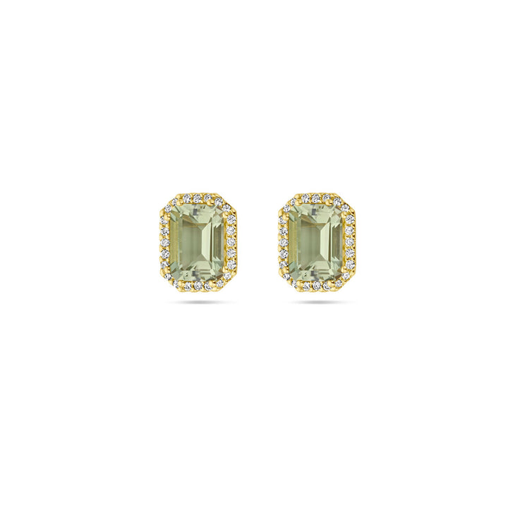 Van der Kooij Collectie oorknoppen van 14k geelgoud met smaragdgeslepen groen amethist en een halo van diamanten (0.14ct, H SI).