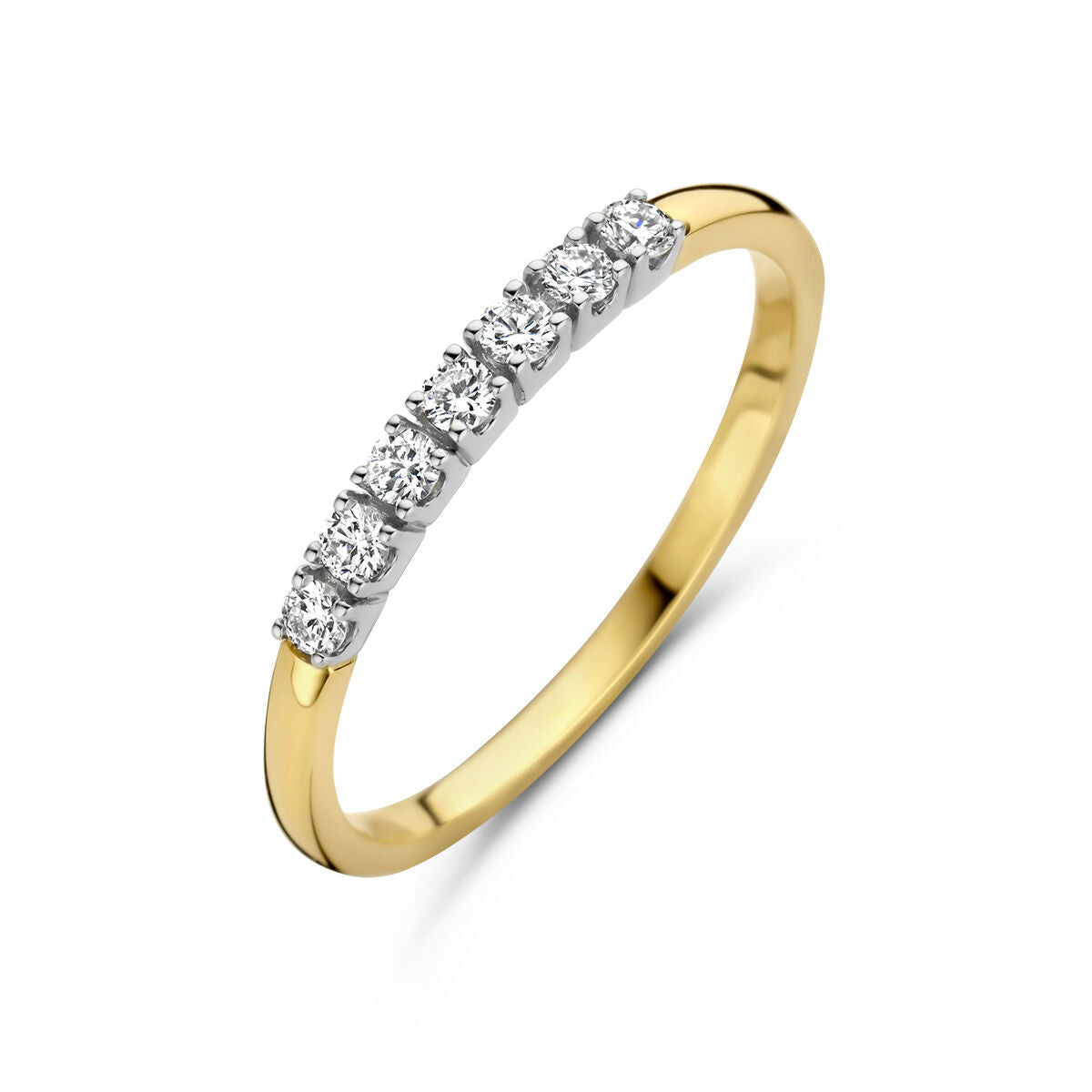 Bicolor gouden memoire ring met vijf briljant geslepen diamanten van 0.21 ct in een witte zetting.