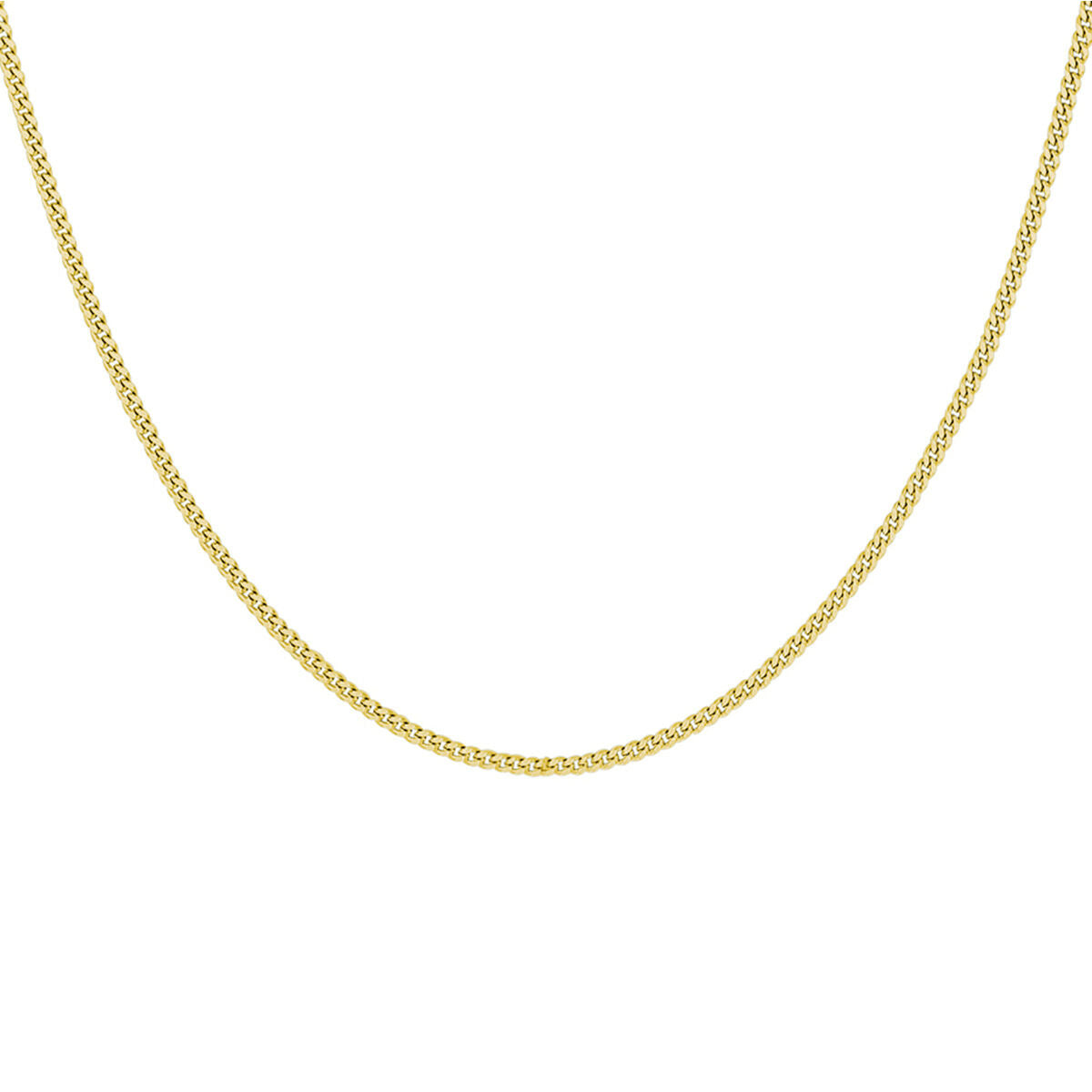 De Juwelier van der Kooij goudkleurige heren ketting gourmette (1,4 mm zilver verguld) is gebogen afgebeeld op een witte achtergrond, met fijne, nauw verbonden gourmetteschakelschakels.