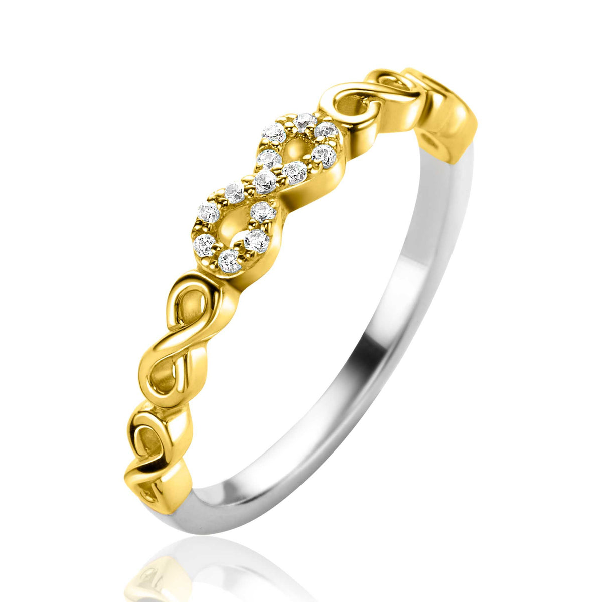 Zilveren ring met gouden afwerking en een oneindigheidssymbool, versierd met kleine steentjes.