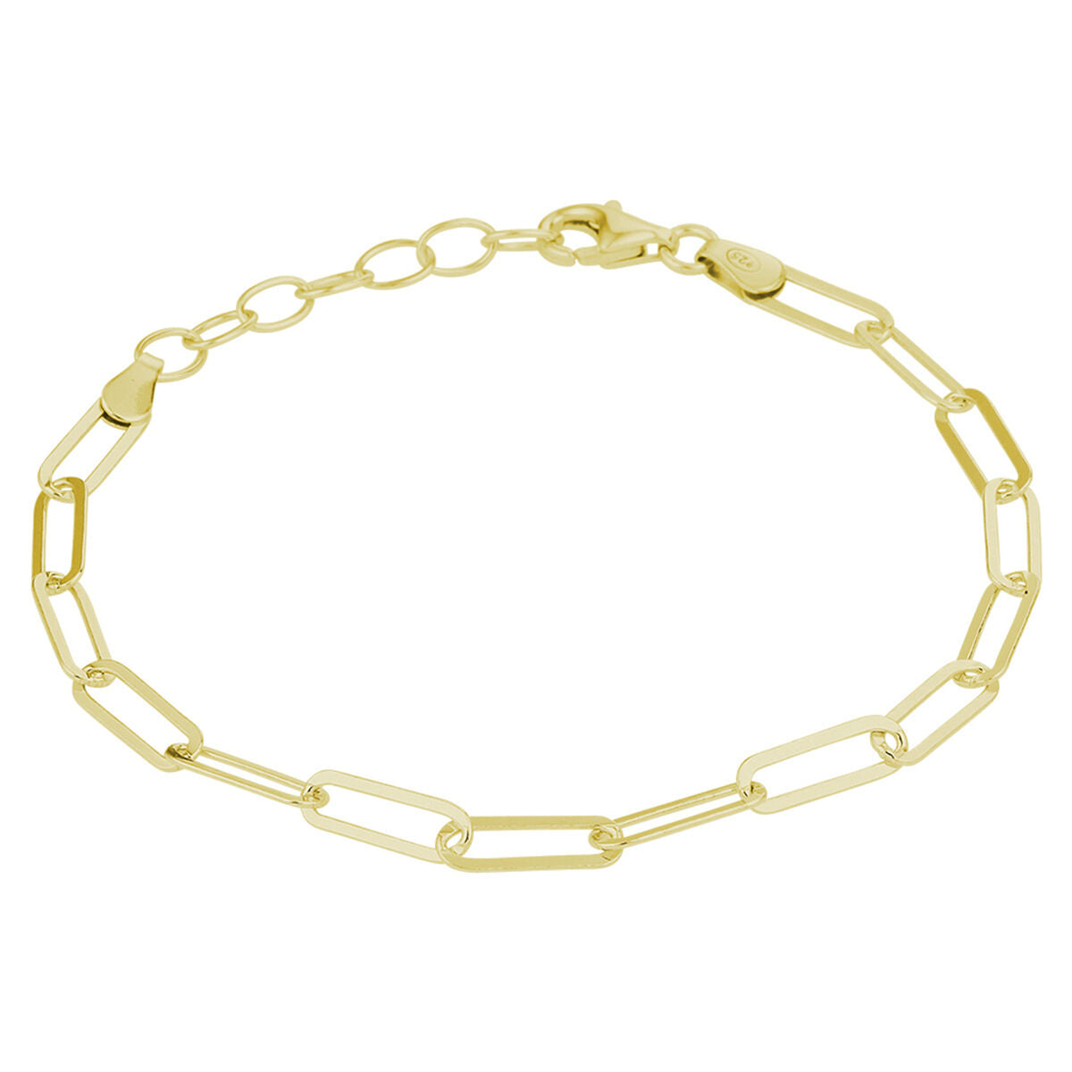 De Van der Kooij Collectie armband paperclip 3,8 mm (16+3 cm) in geel 3 micron zilver verguld heeft langwerpige ovale schakels en een karabijn sluiting, mooi weergegeven op een witte achtergrond.