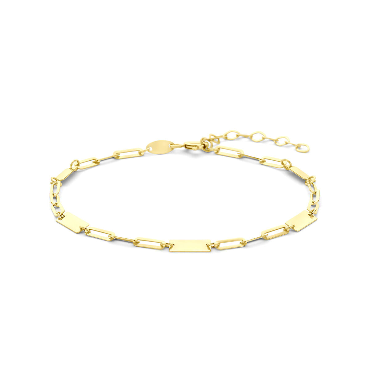 Geelgoudkleurige armband van 9k met platte schakels en een verlengketting.