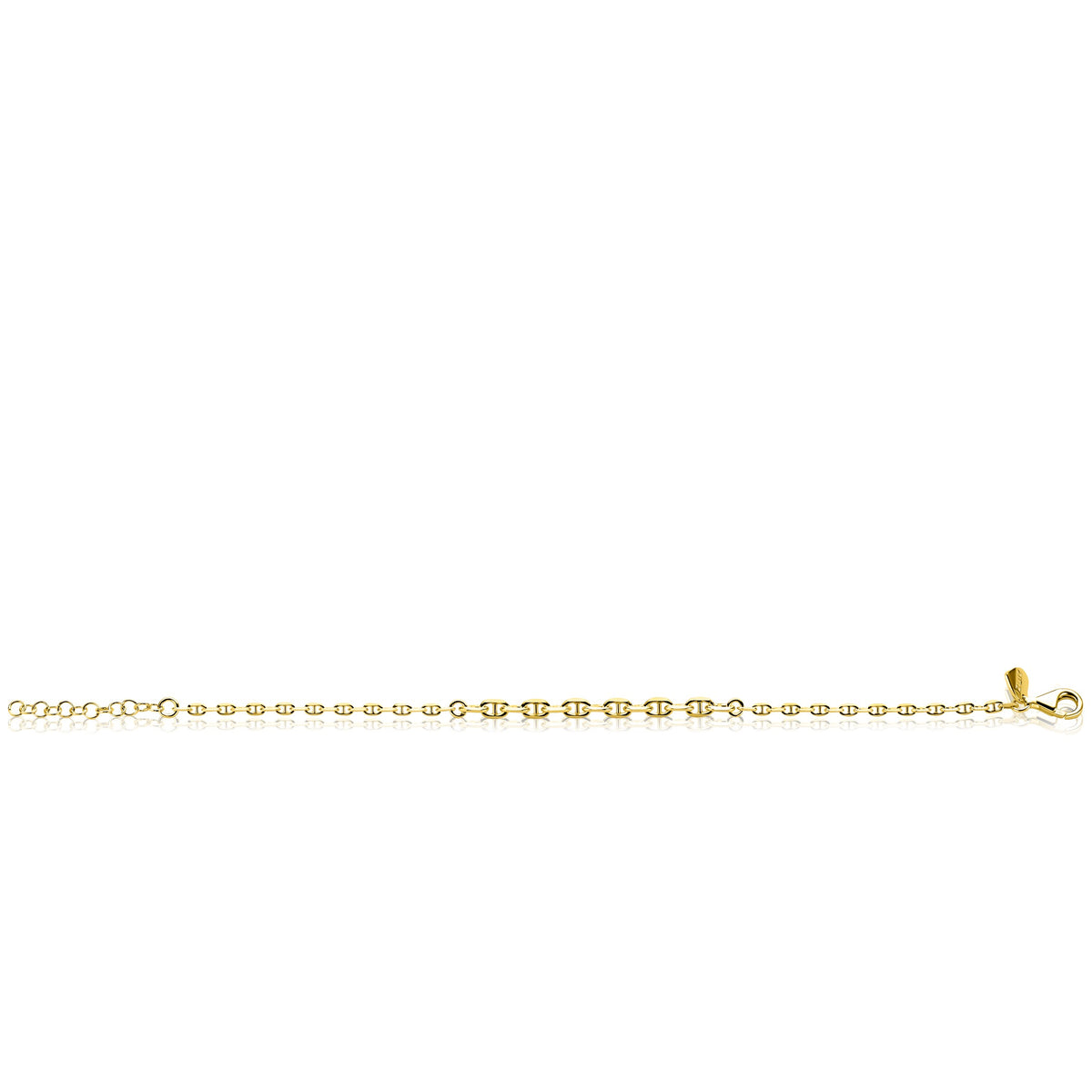 De Zinzi Armband Zilver verguld ZIA2762G van Zinzi heeft een goudkleurige ketting en karabijnsluiting, prachtig gepresenteerd tegen een witte achtergrond.