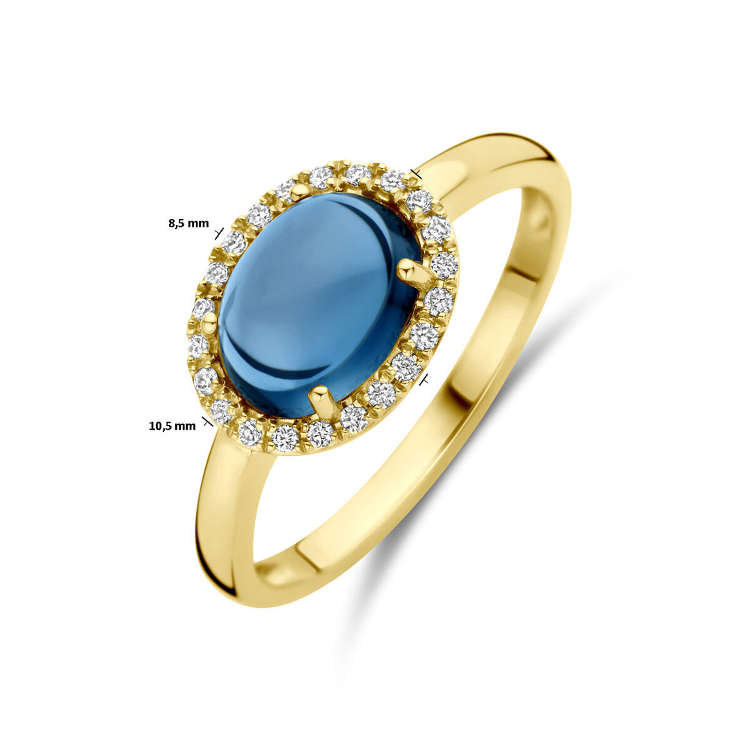 ring london blue topaas en diamant 0.09ct h si halo 14K geelgoud