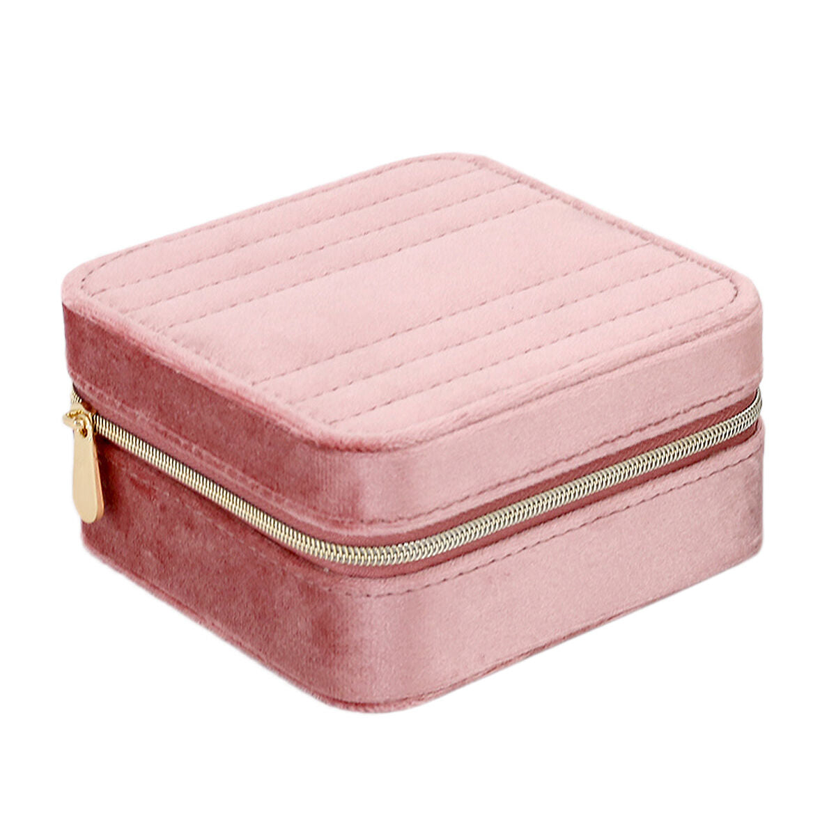 De sieradenbox roze toebehoren van Van der Kooij Collectie is een vierkante box van roze fluweel met goudkleurige rits en afgeronde hoeken, gesloten te zien tegen een witte achtergrond.