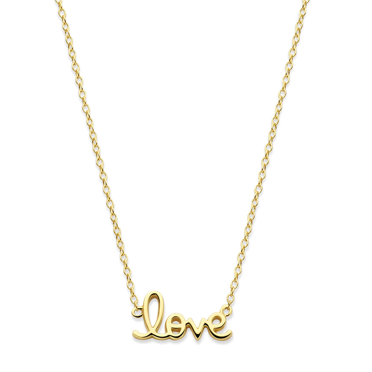 Collier van 3 micron zilver verguld met een 'love' hanger in cursieve letters, lengte 41-45 cm.