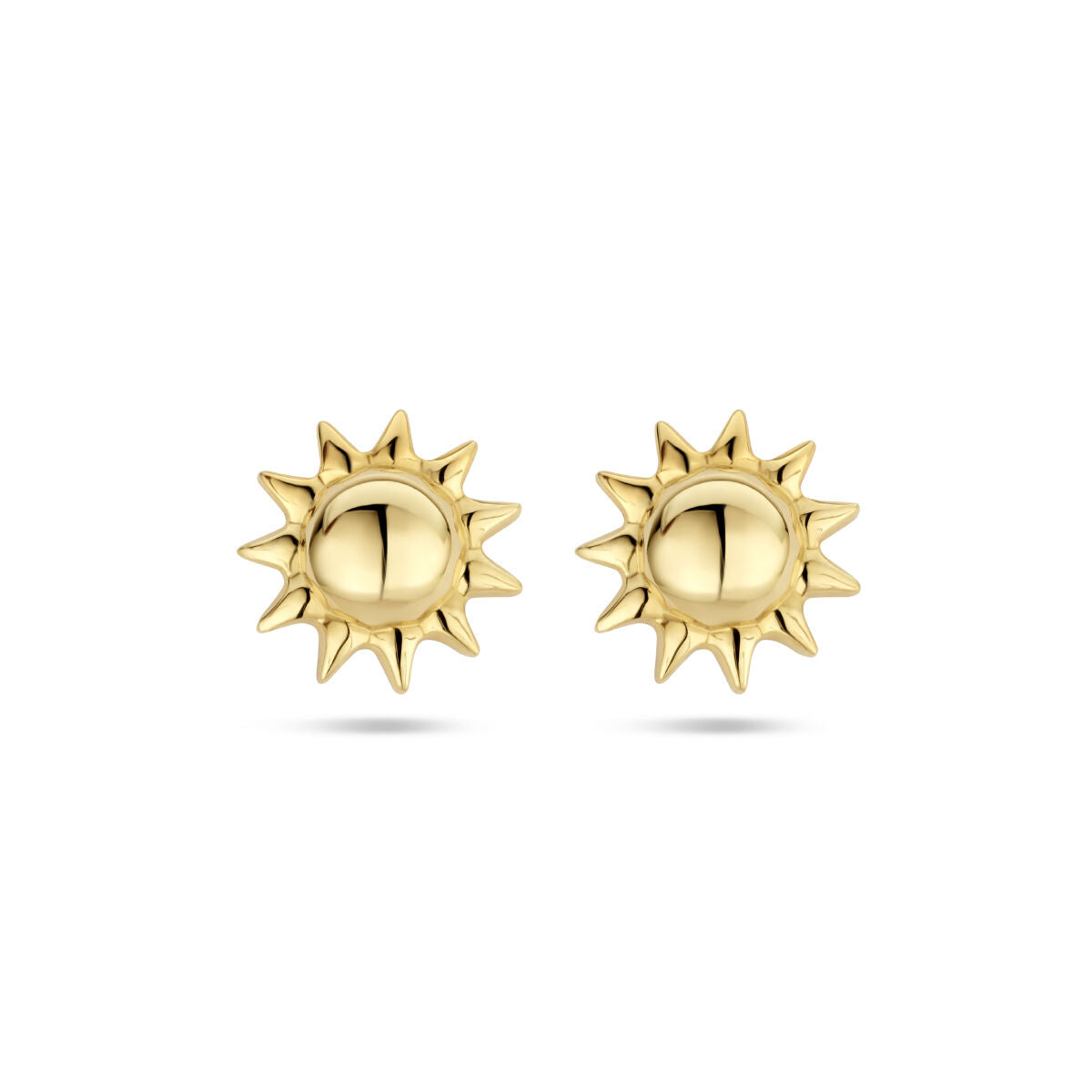 De oorknoppen zon 14K geelgoud van de Van der Kooij Collectie zijn stijlvolle stud oorbellen met ronde centra en stralende punten, perfect voor dames die gouden zonnestralen willen dragen.