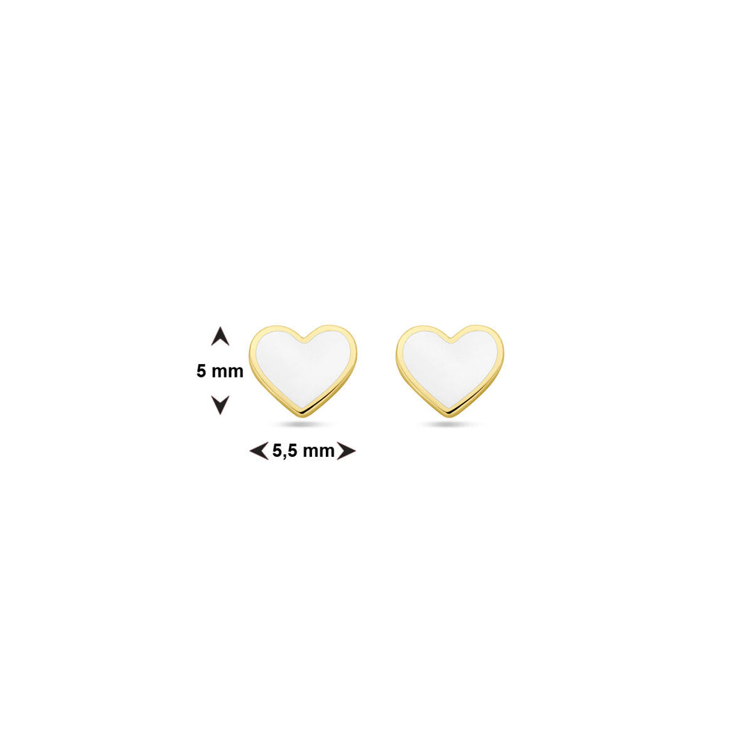 ear studs heart white enamel 14K yellow gold