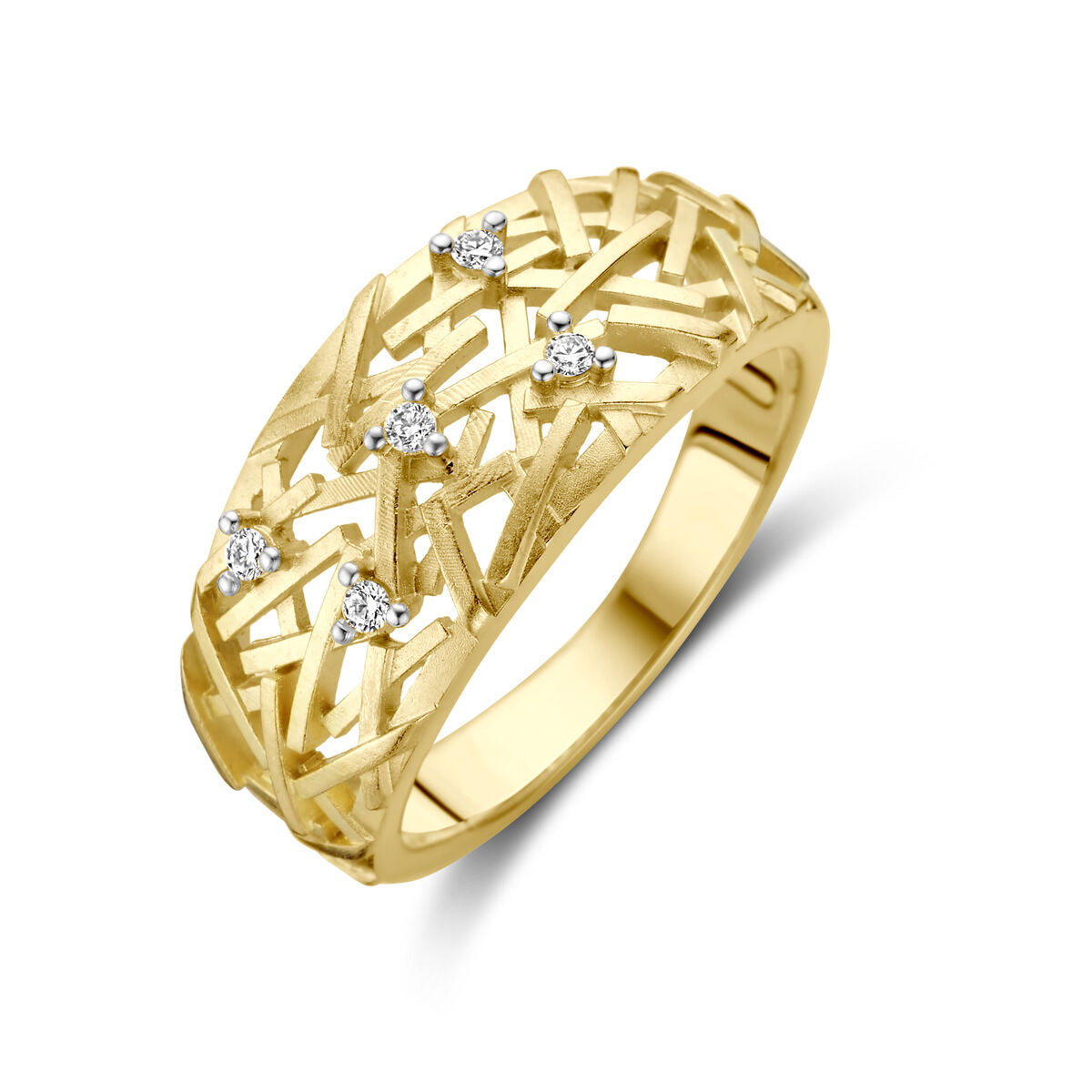 De Van der Kooij Collectie ring diamant 0,06ct h si 14K geelgoud is een 14k geelgouden damesring met een rasterdesign en vijf fonkelende diamanten gezet over de bovenkant.