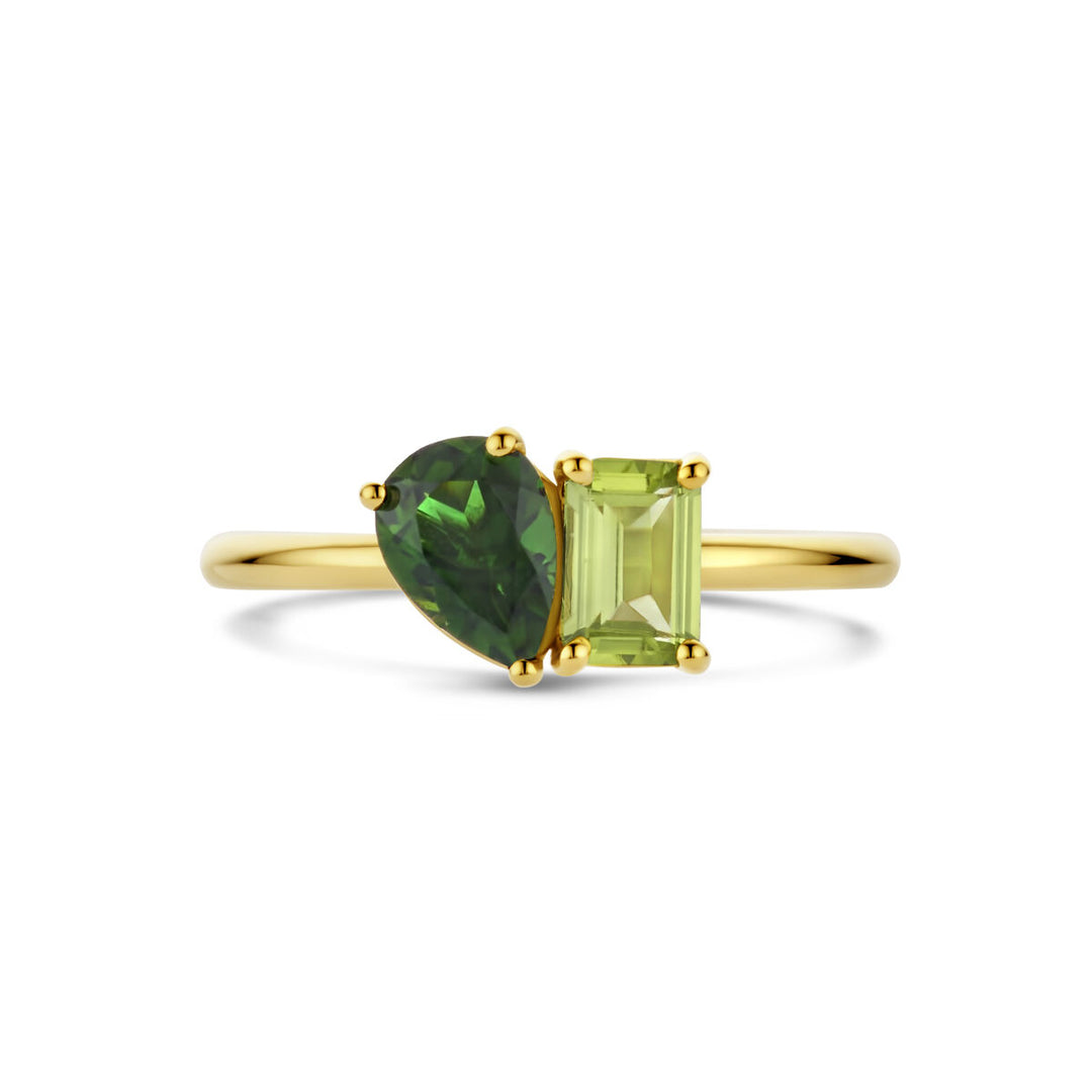 ring peridot en groen toermalijn 14K geelgoud