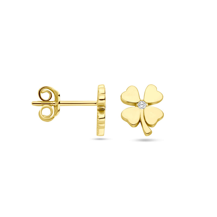 clover ear studs zirconia 14K yellow gold
