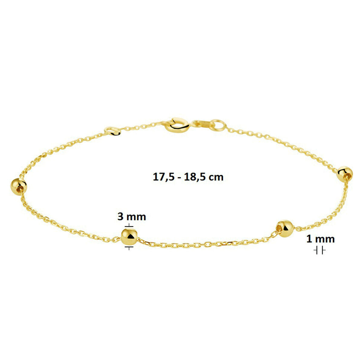 Subtiele Van der Kooij Collectie armband anker en bolletjes van 1,0 mm in 14K geelgoud, verstelbaar van 17,5 tot 18,5 cm. Perfect dames sieraad met fijn verdeelde goudkleurige kralen.