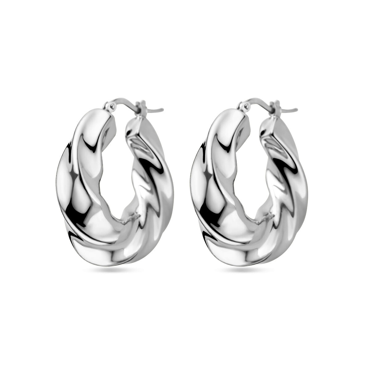 Gedraaide oorringen van gerhodineerd zilver met een glanzende afwerking.