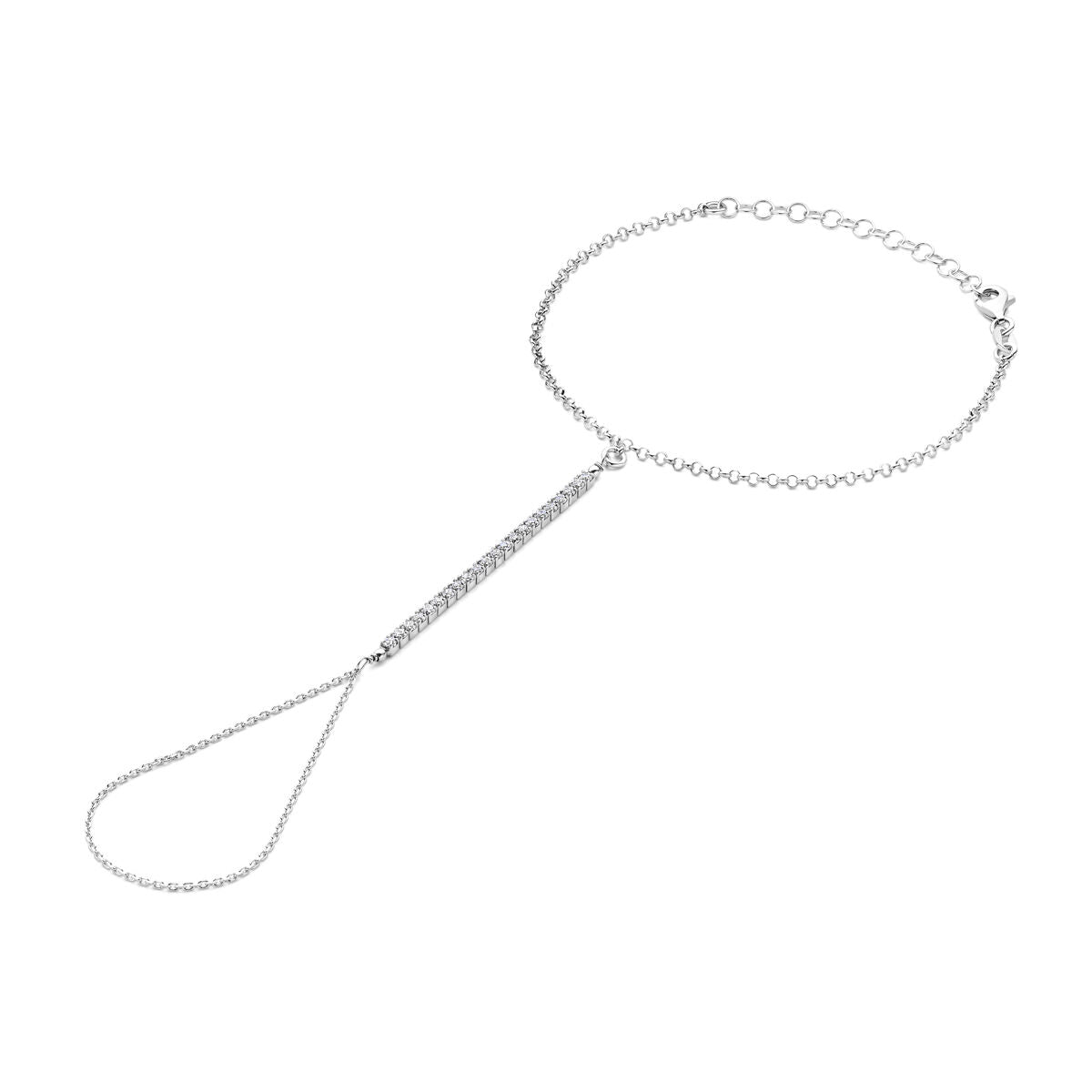 Zilveren handsieraad met gerhodineerde afwerking en zirkonia, met een ketting en een druppelvormige hanger.