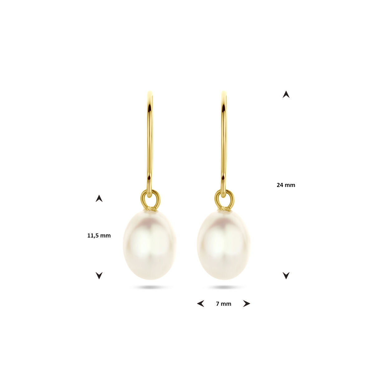 Van der Kooij Collectie oorhangers franse haak parel 24 mm van 14K geelgoud met ronde witte parel (11,5 x 7 mm), getoond op een witte achtergrond.