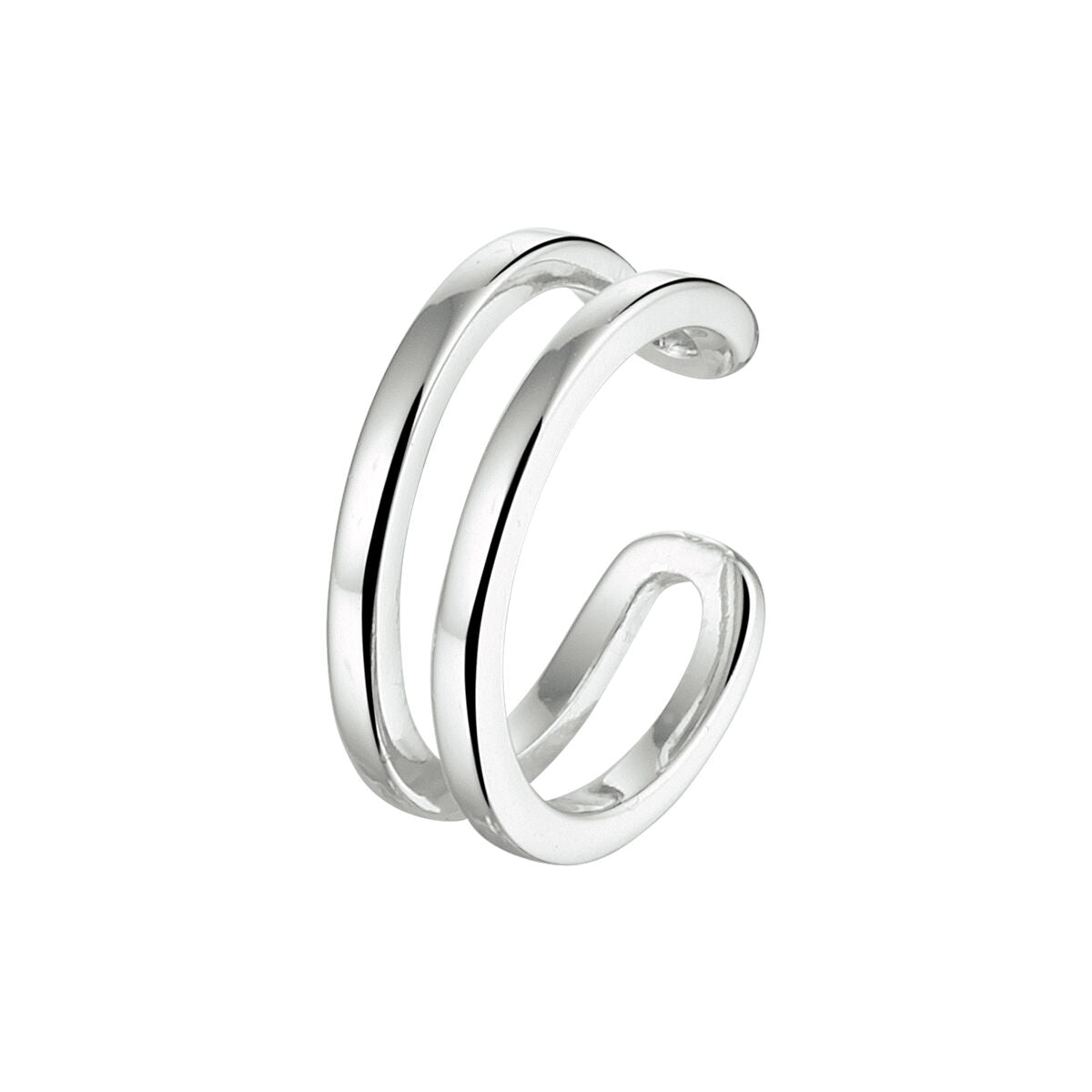 Zilveren gerhodineerde earcuff met twee strakke, gebogen ringen.