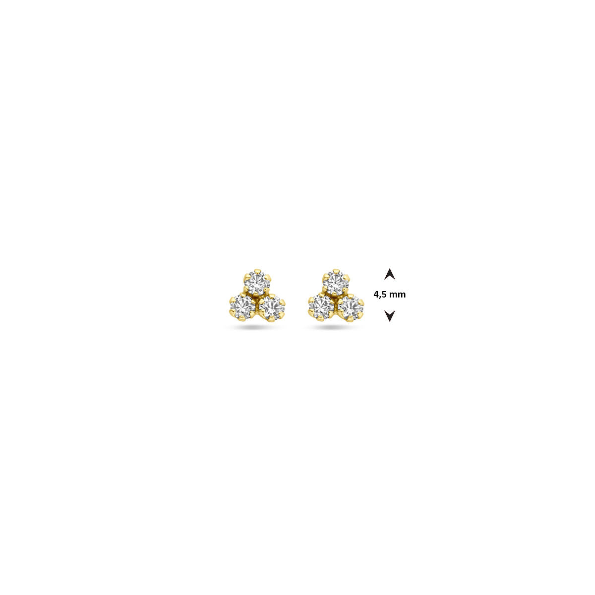 Van der Kooij Collectie oorknoppen zirkonia 4,5 mm van 14K geelgoud, elk met drie ronde zirkonia’s in een driehoekvorm. Afbeelding toont de oorbellen op een witte achtergrond.