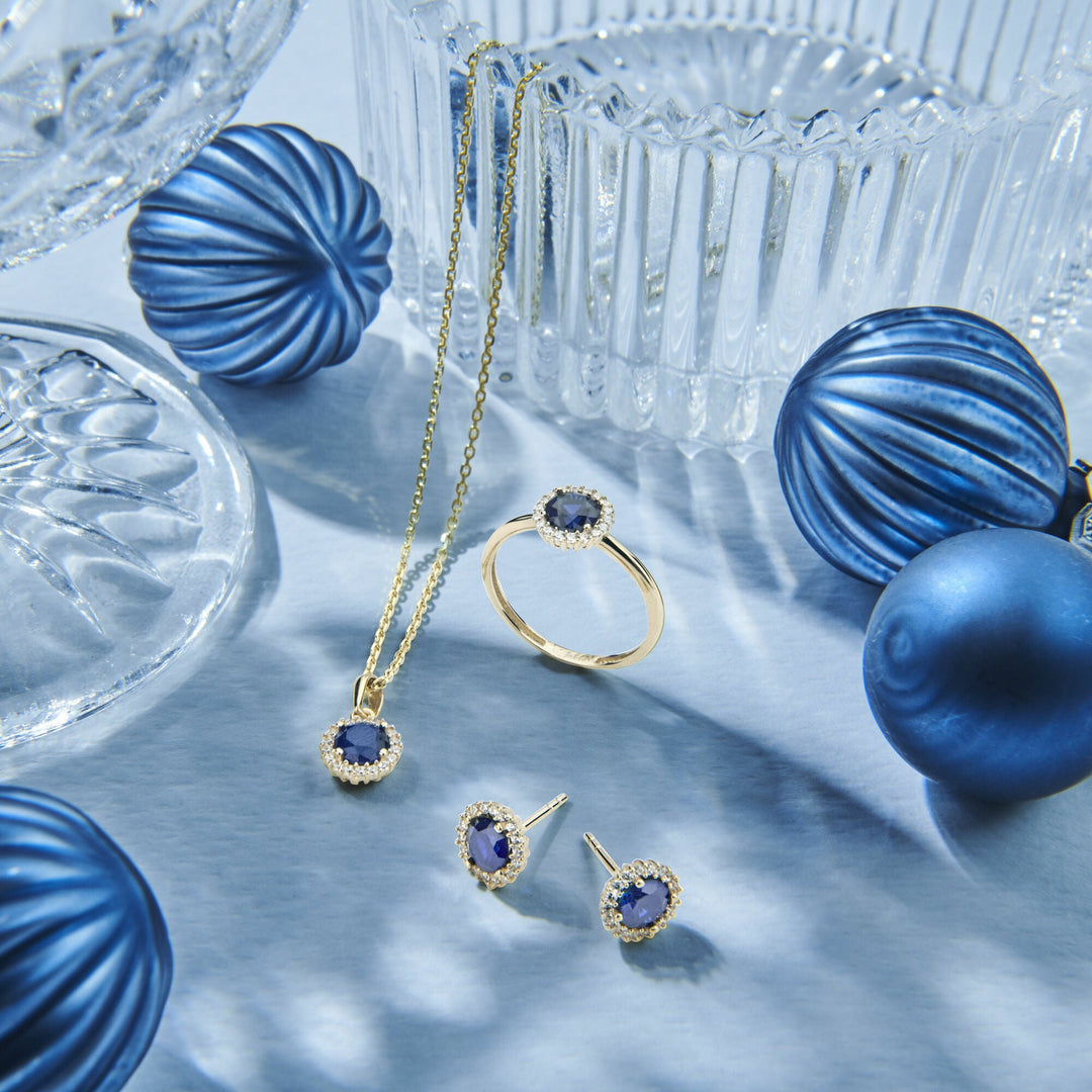 oorknoppen saffier zirkonia halo 14K geelgoud