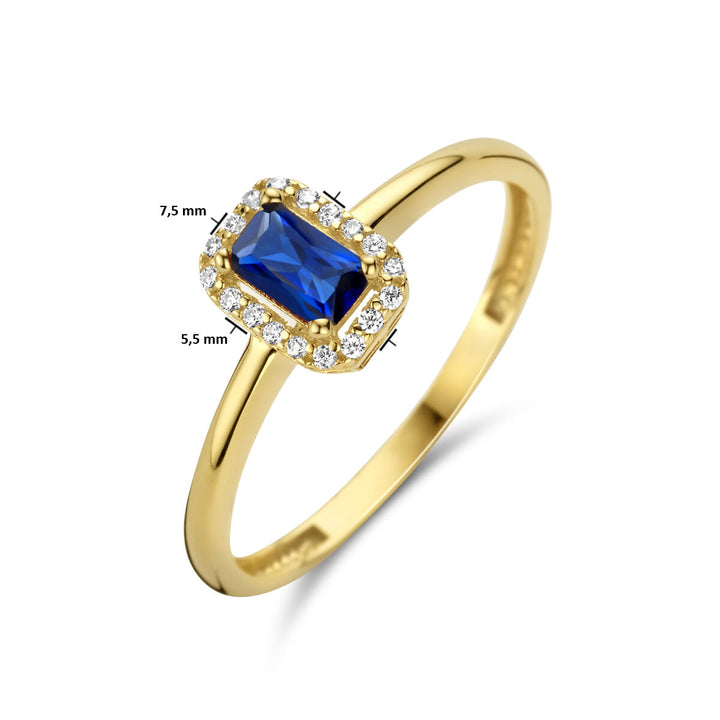 ring synth. sapphire and zirconia halo 14K yellow gold