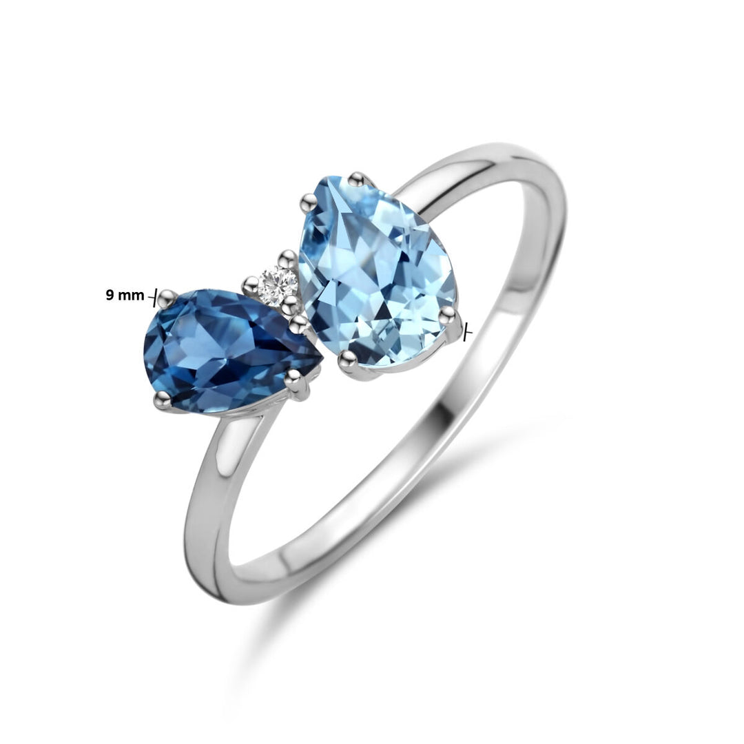 ring trilogie london blue topaas, blauw topaas en diamant 0.01ct h p1 14K witgoud