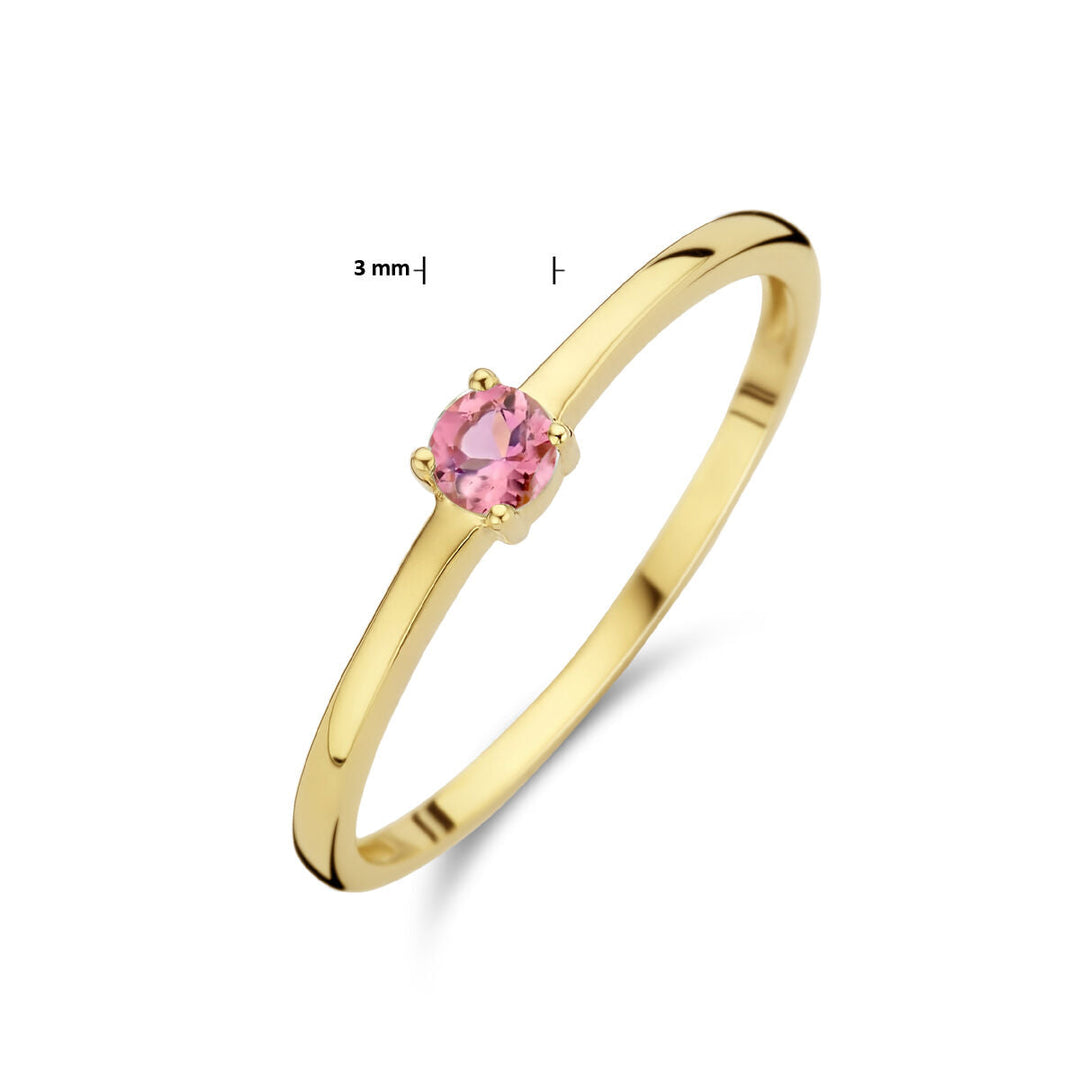 De Van der Kooij Collectie ring met geboortesteen toermalijn oktober is een fijne 14K geelgouden ring met een ronde roze toermalijn (3 mm) in een vierpoots zetting.