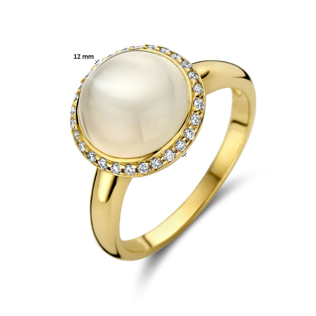 Ring weißer Mondstein und Diamant 0,15 ct h Si Halo 14K Gelbgold