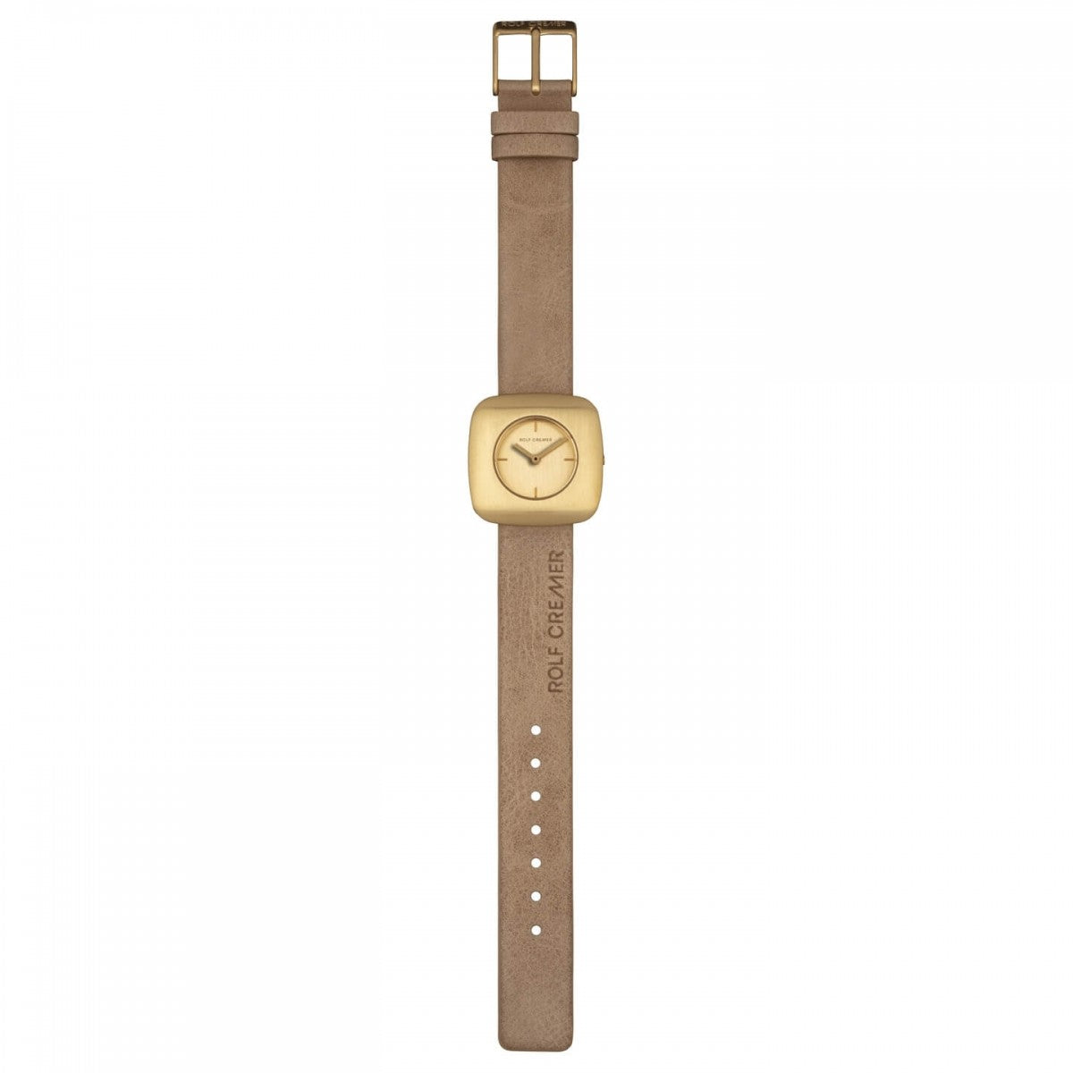 Het Rolf Cremer Horloge 508011 Edge is een quartzhorloge met een beige band en een rechthoekige, goudkleurige wijzerplaat. Het horloge heeft een minimalistisch design met verstelbare gaatjes, een ROLF CREMER-reliëf en een elegante wijzerplaat met minuten- en uurwijzers.