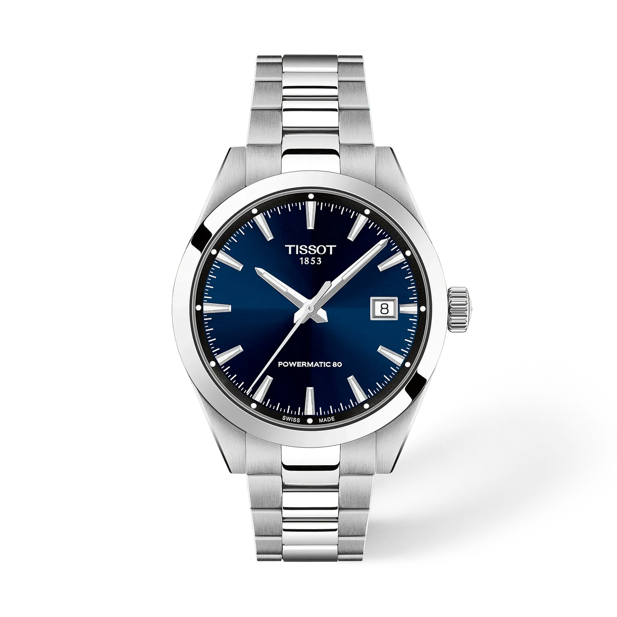 Stalen horloge met een blauwe wijzerplaat, datumweergave en een schakelband.