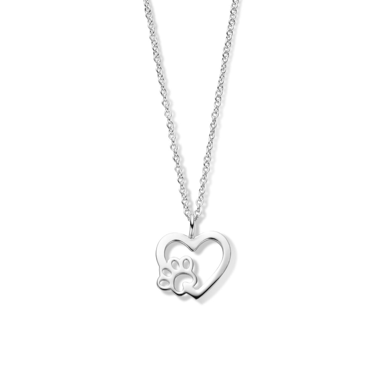 Zilveren gerhodineerd collier met een hartvormige hanger en een hondenpootje.