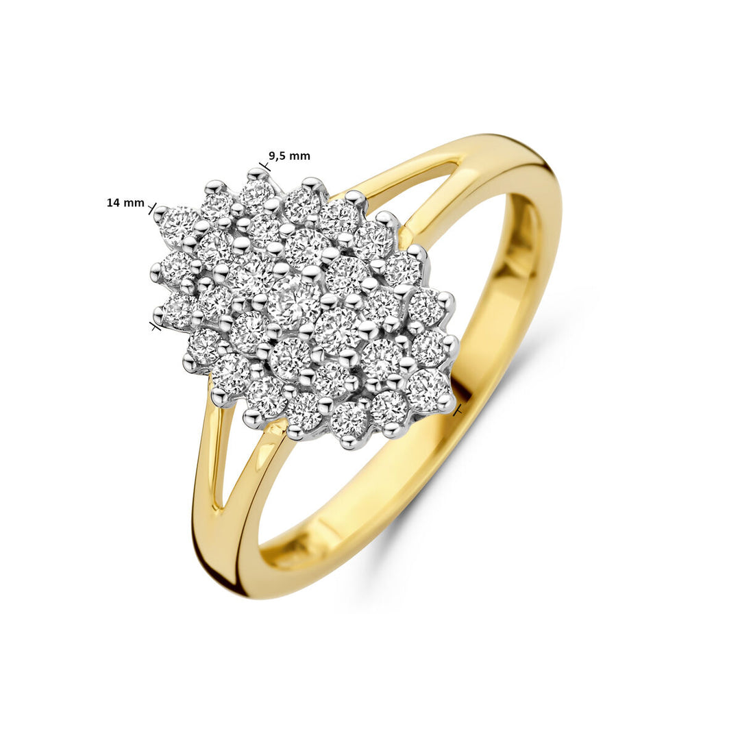 De Van der Kooij Collectie ring lab-grown diamant 0,48ct h si 14K geelgoud heeft een gespleten schacht en een ovale cluster van diamanten van ongeveer 14 x 9,5 mm.