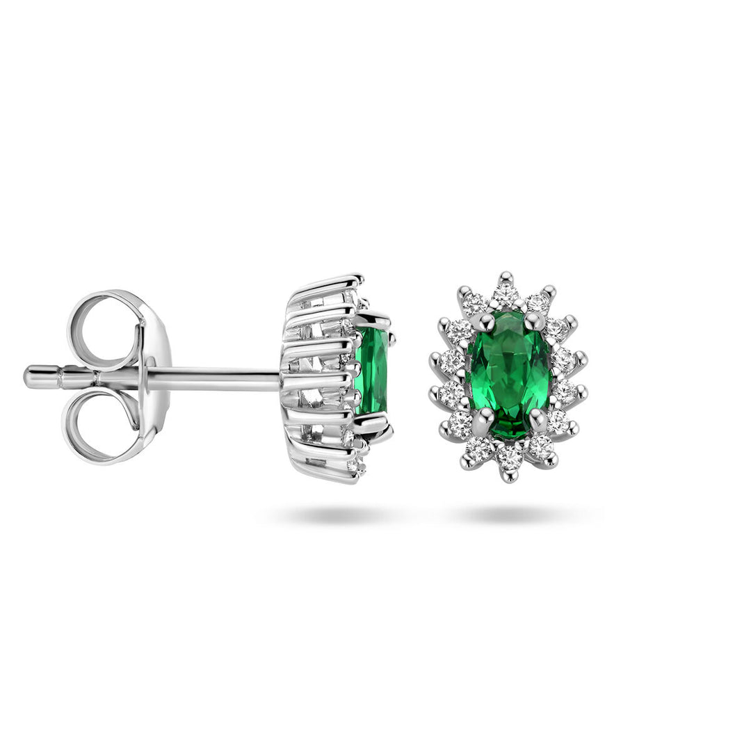 ear studs synth. emerald and zirconia halo silver rhodium plated