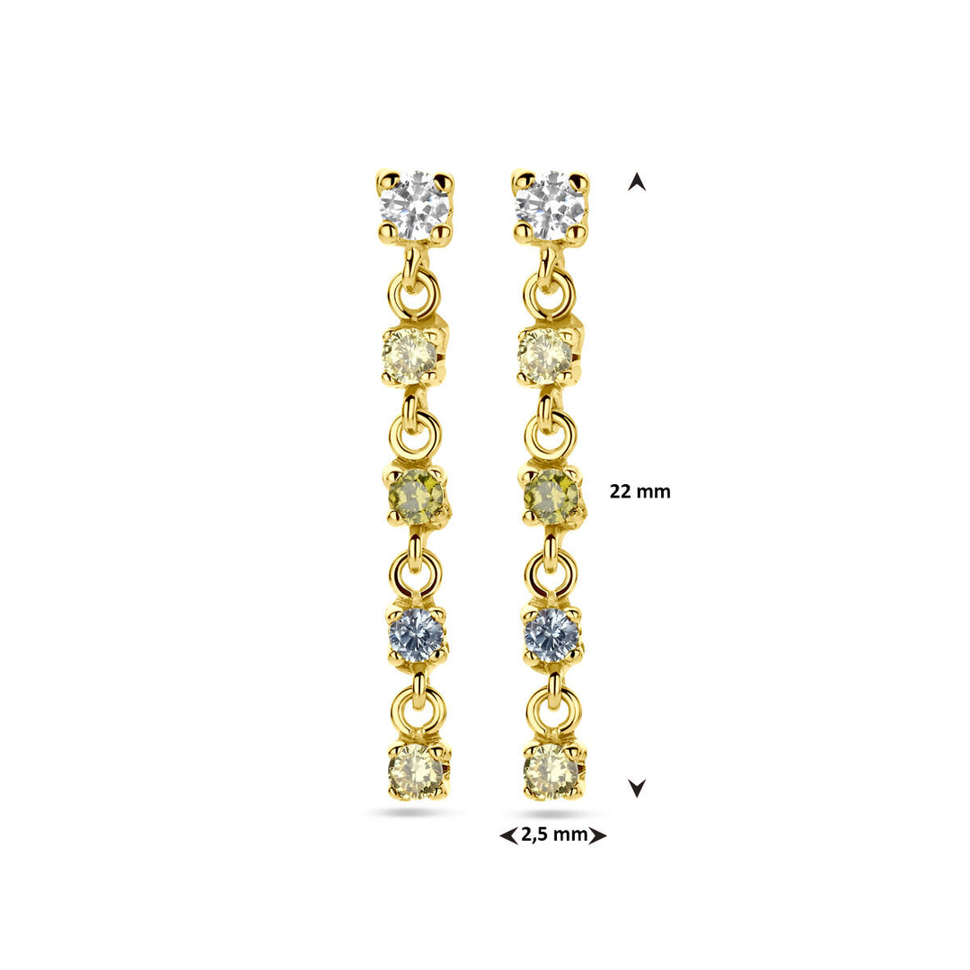 oorhangers wit, geel en groen zirkonia en synth. aquamarijn 22 mm 14K geelgoud