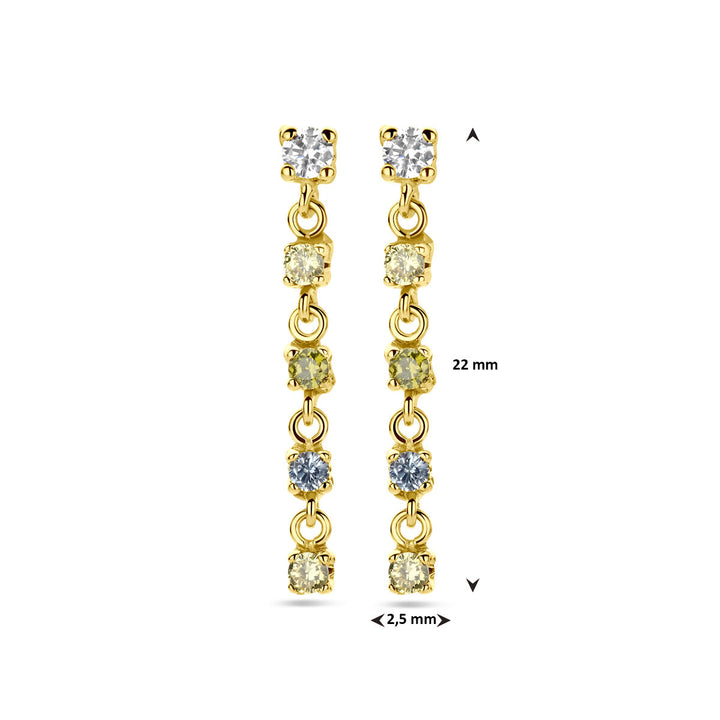oorhangers wit, geel en groen zirkonia en synth. aquamarijn 22 mm 14K geelgoud