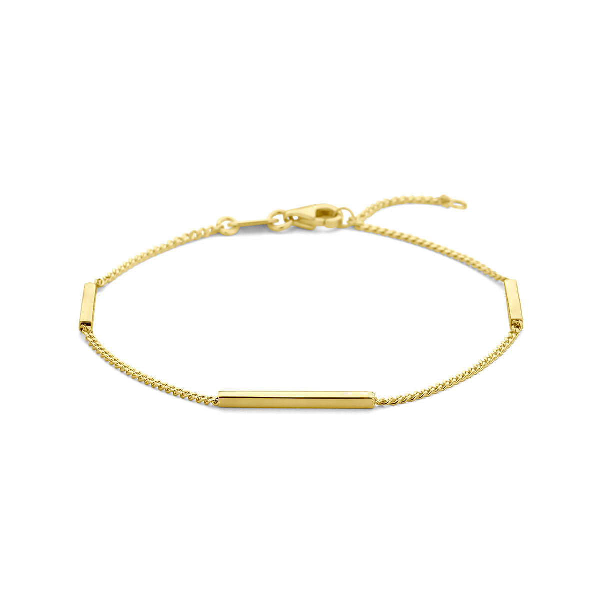 Armband van 14K geelgoud met balkjes en een verstelbare lengte van 17 tot 19 cm.