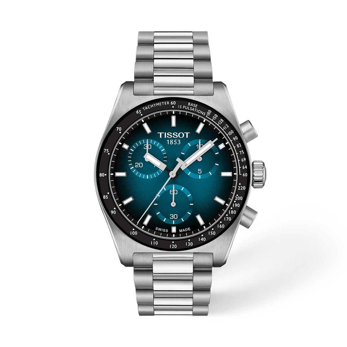 Stalen chronograaf horloge met een blauwe wijzerplaat en een metalen schakelband.